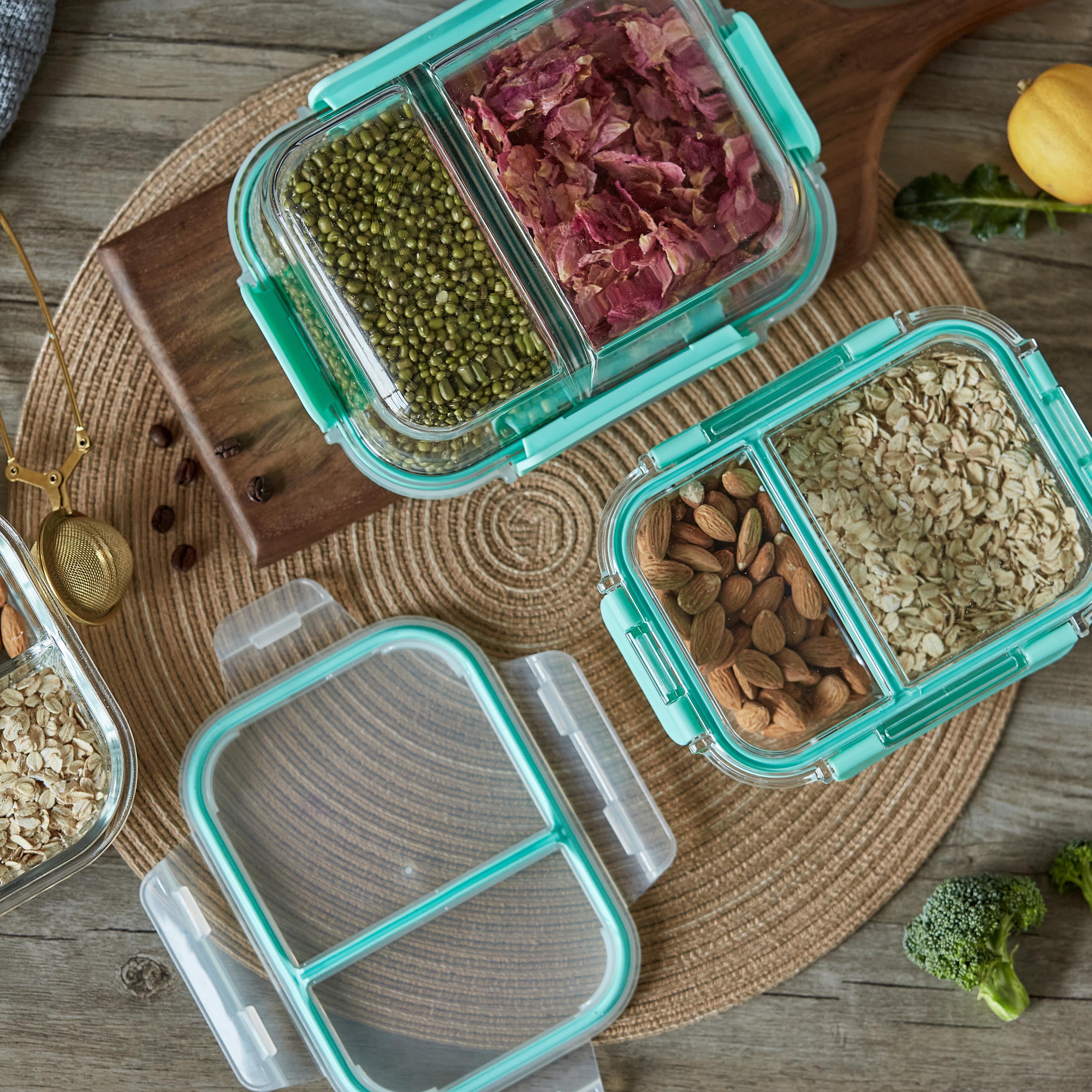LINUO Hot sale microwave oven safe rectangle borosilicate glass meal prep lunch box food containers with 2 compartment divider
