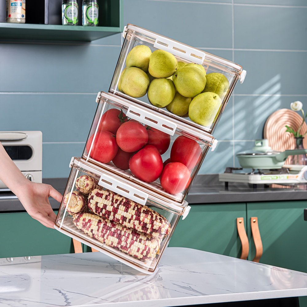 Custom Reusable Clear Food Airtight Big Fridge Storage Boxes Refrigerator Storage Containers For Refrigerator With Lid