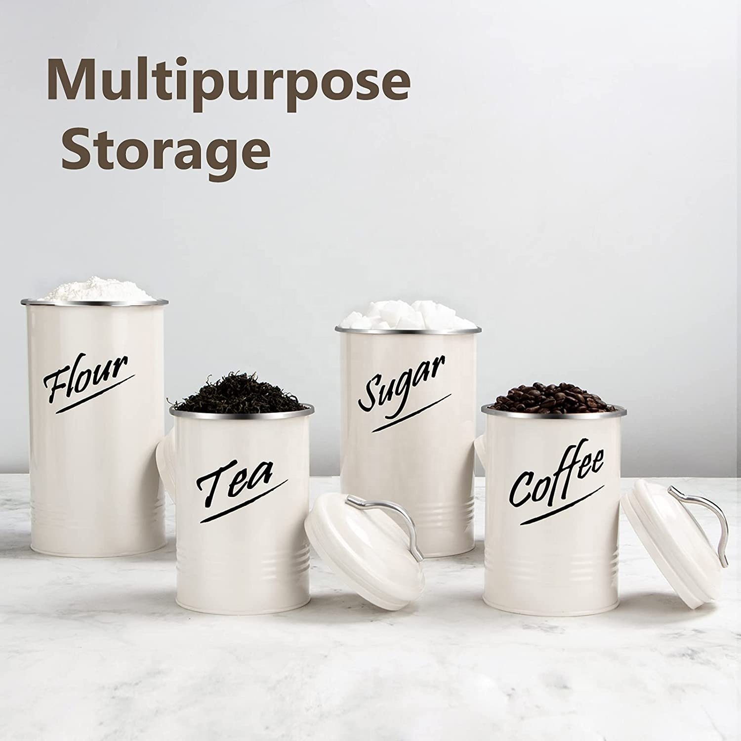 Airtight food storage tin farmhouse metal kitchen countertop container Tea Coffee Sugar Flour canister set of 4