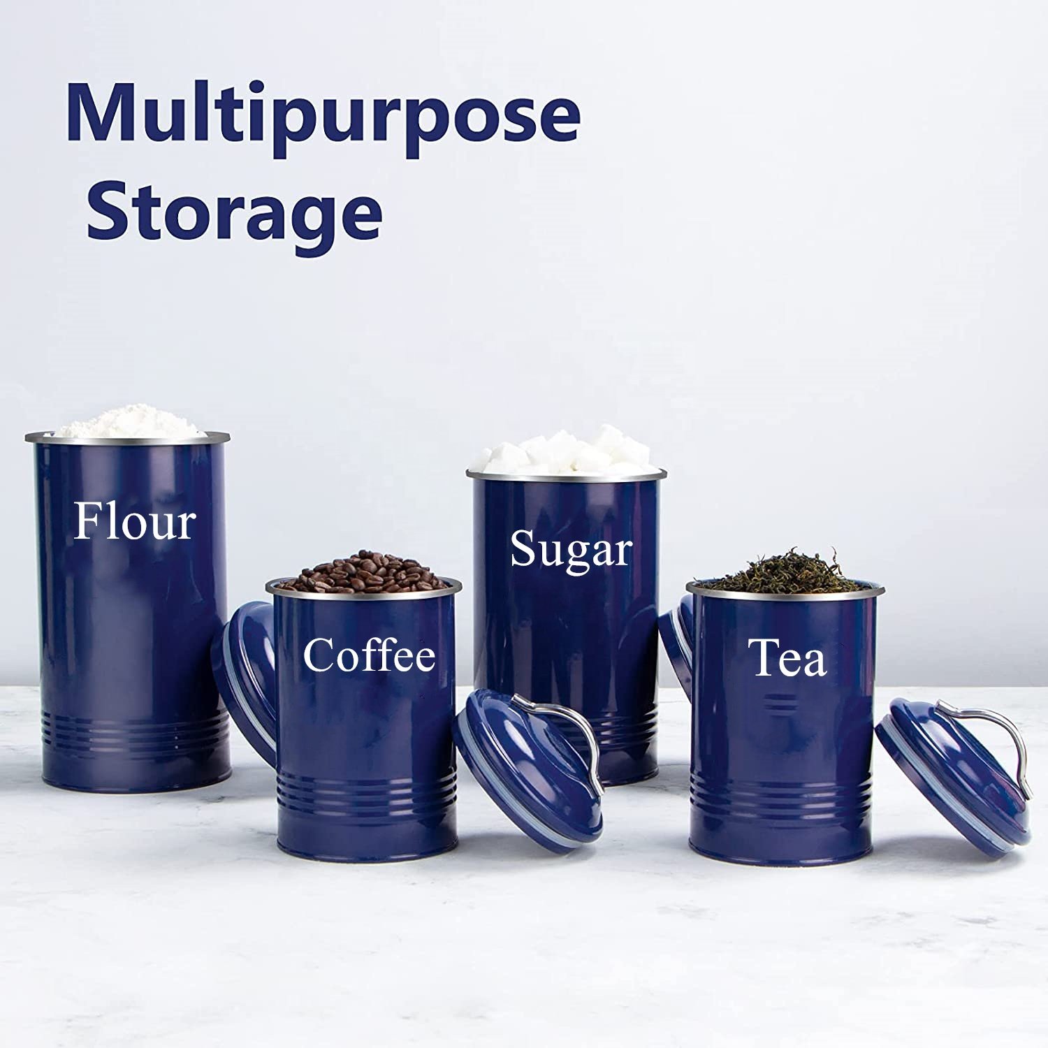 Airtight food storage tin farmhouse metal kitchen countertop container Tea Coffee Sugar Flour canister set of 4