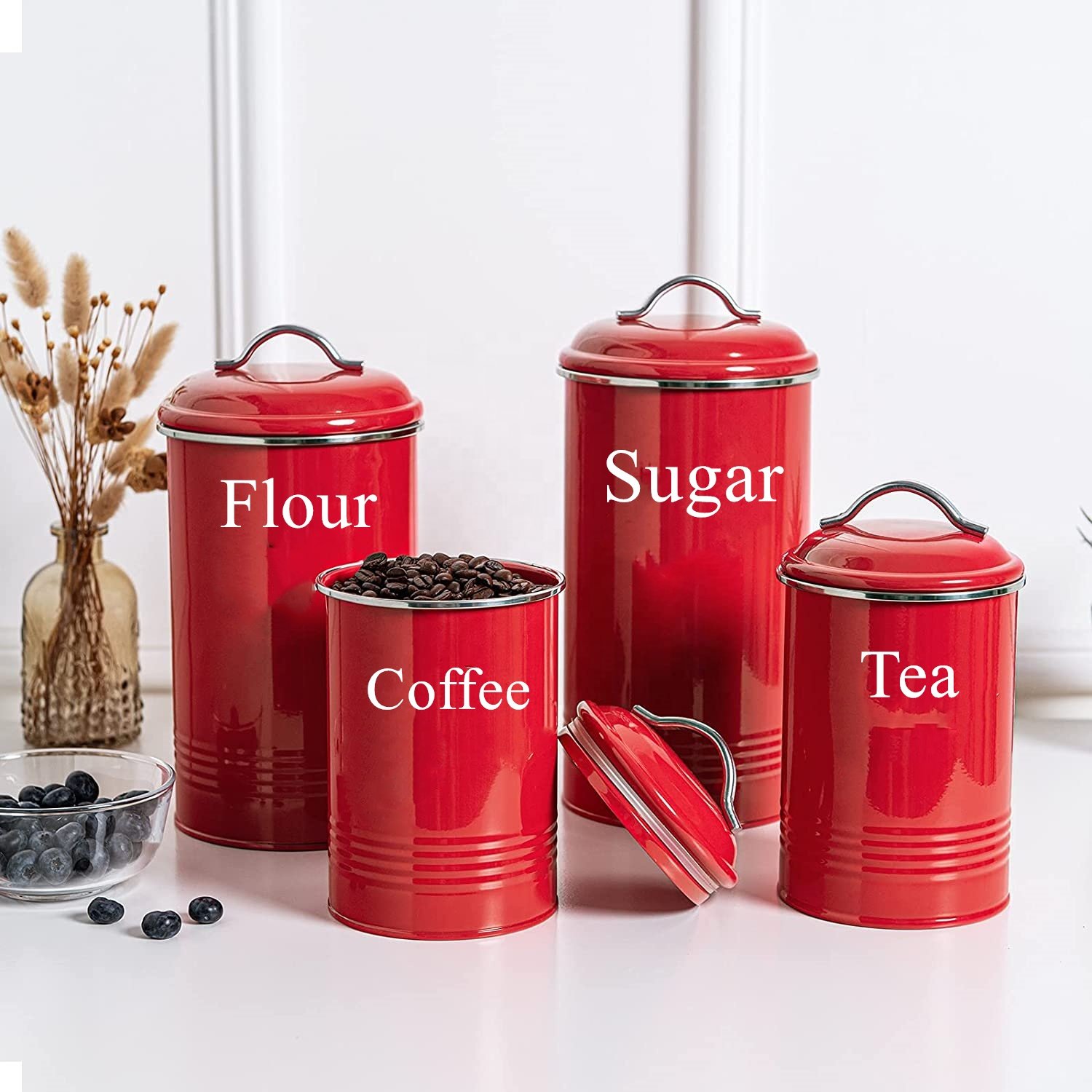 Airtight food storage tin farmhouse metal kitchen countertop container Tea Coffee Sugar Flour canister set of 4