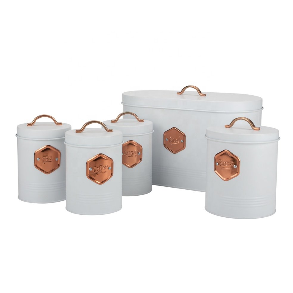 Airtight food storage tin farmhouse metal kitchen countertop container Tea Coffee Sugar Flour canister set of 4