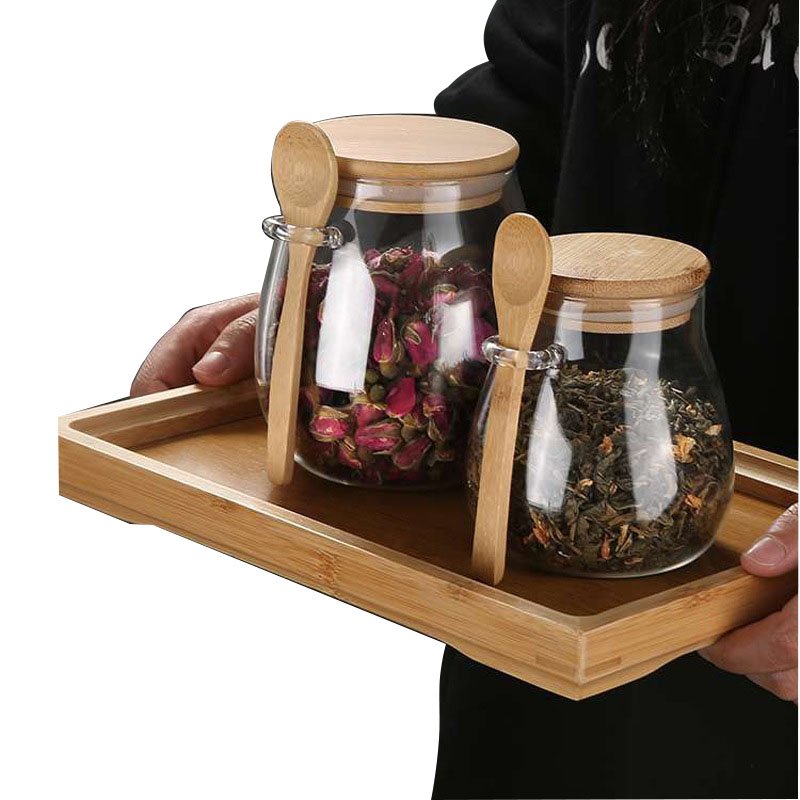 Kitchen Glass Jar Glass Spice Jar Bamboo Wooden Lid Food Storage Container With Spoon
