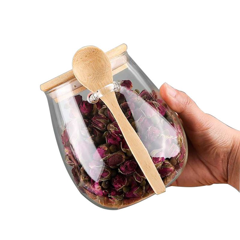 Kitchen Glass Jar Glass Spice Jar Bamboo Wooden Lid Food Storage Container With Spoon