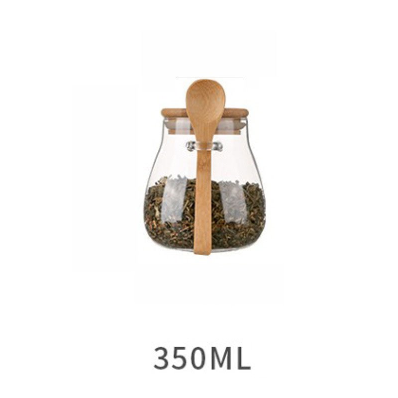 Kitchen Glass Jar Glass Spice Jar Bamboo Wooden Lid Food Storage Container With Spoon