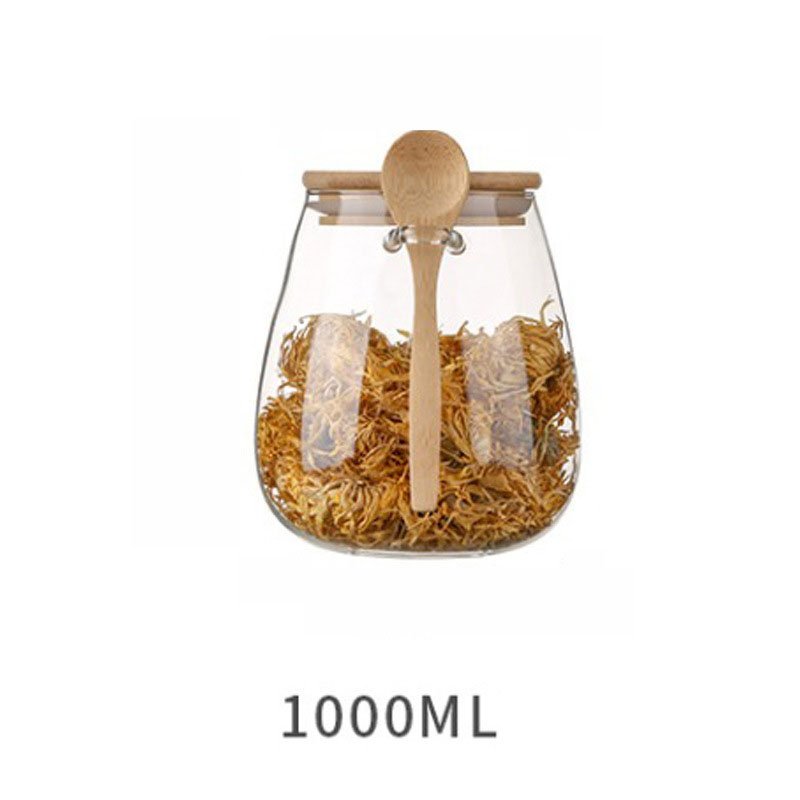 Kitchen Glass Jar Glass Spice Jar Bamboo Wooden Lid Food Storage Container With Spoon