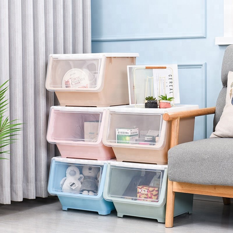 Thickened Front Open Plastic Storage Box with Lid and Wheels, Stackable