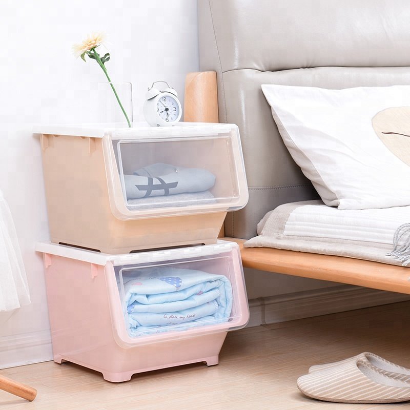 Thickened Front Open Plastic Storage Box with Lid and Wheels, Stackable
