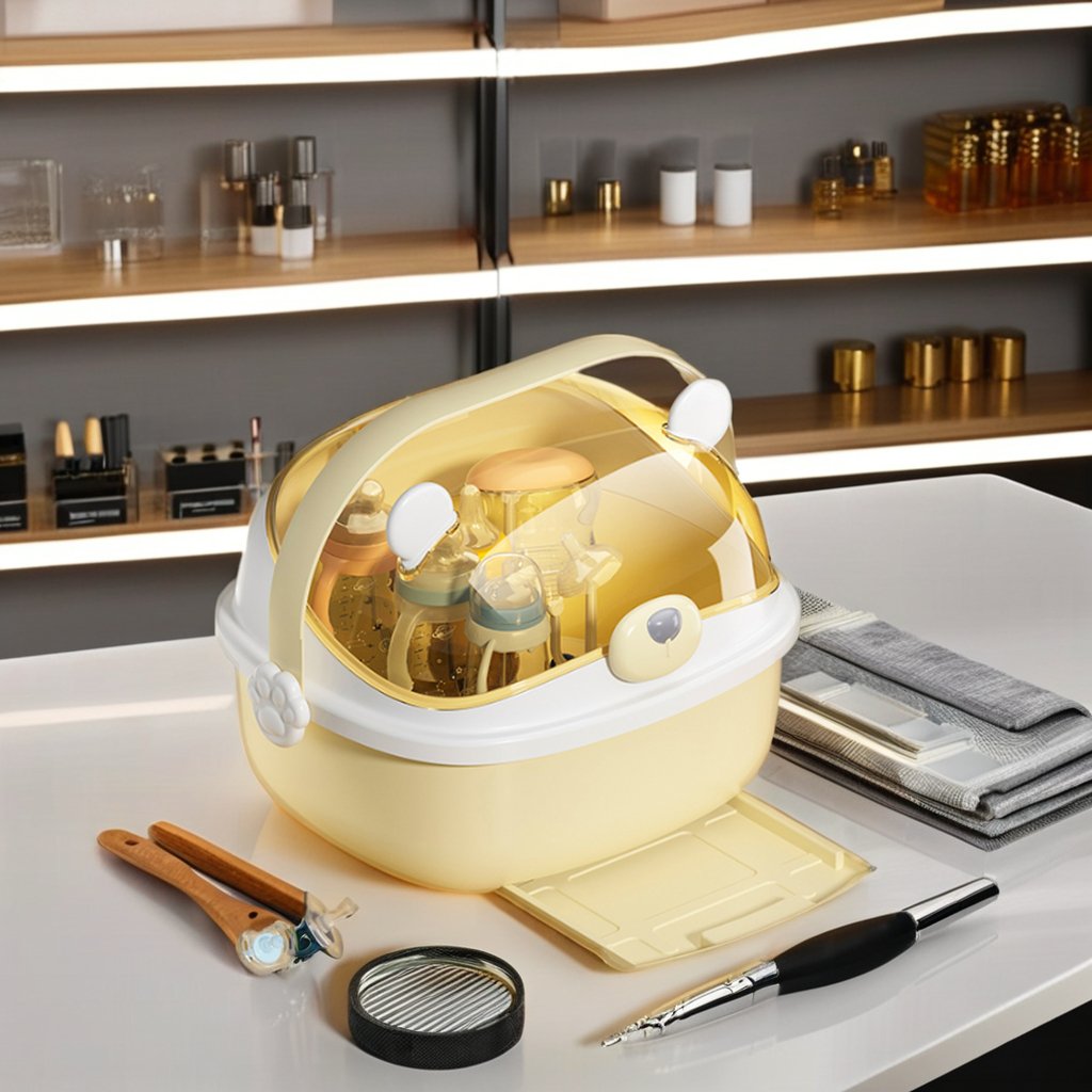 Sesame Transparent Design Clamshell Cover Cute Cartoon Baby Feeding Bottle Storage Box with Handle and Drawer Drainer Tray
