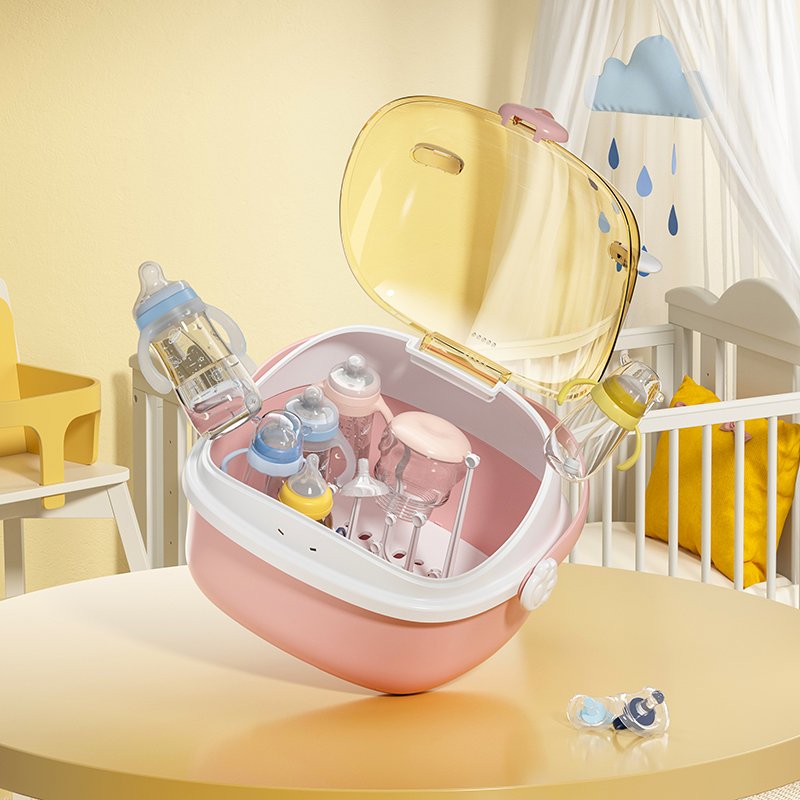 Sesame Transparent Design Clamshell Cover Cute Cartoon Baby Feeding Bottle Storage Box with Handle and Drawer Drainer Tray