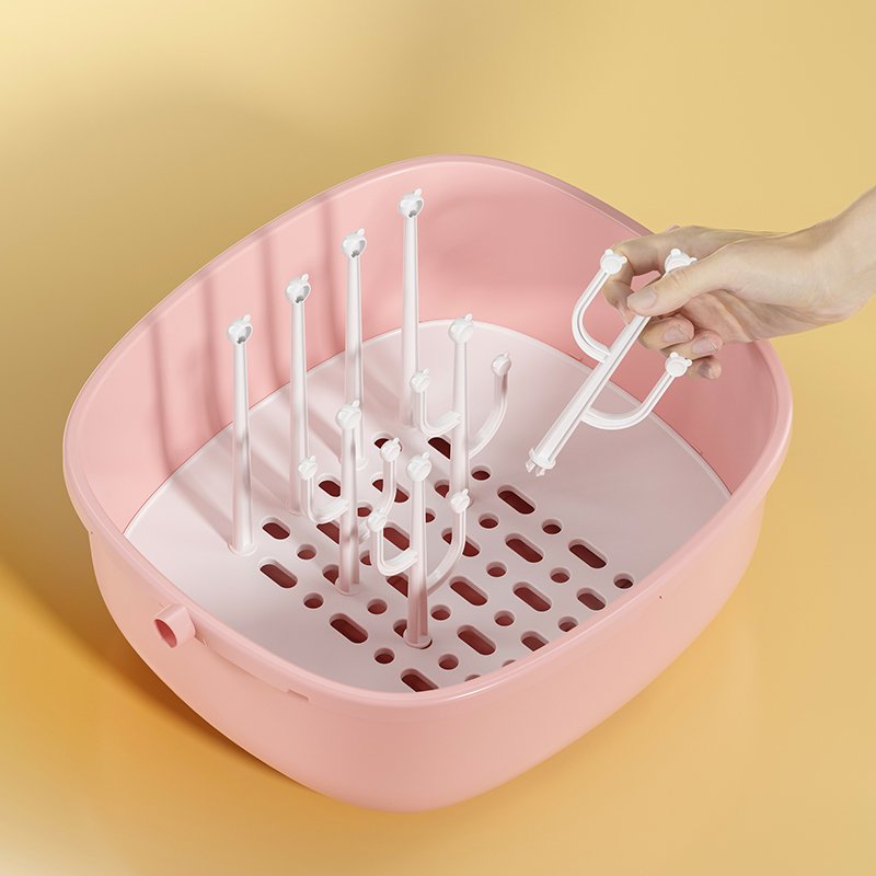 Sesame Transparent Design Clamshell Cover Cute Cartoon Baby Feeding Bottle Storage Box with Handle and Drawer Drainer Tray