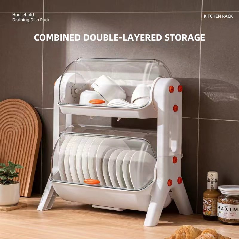 Household tiered kitchen double cupboard chopsticks storage box plastic with lid for dish tray draining bowl rack shelf