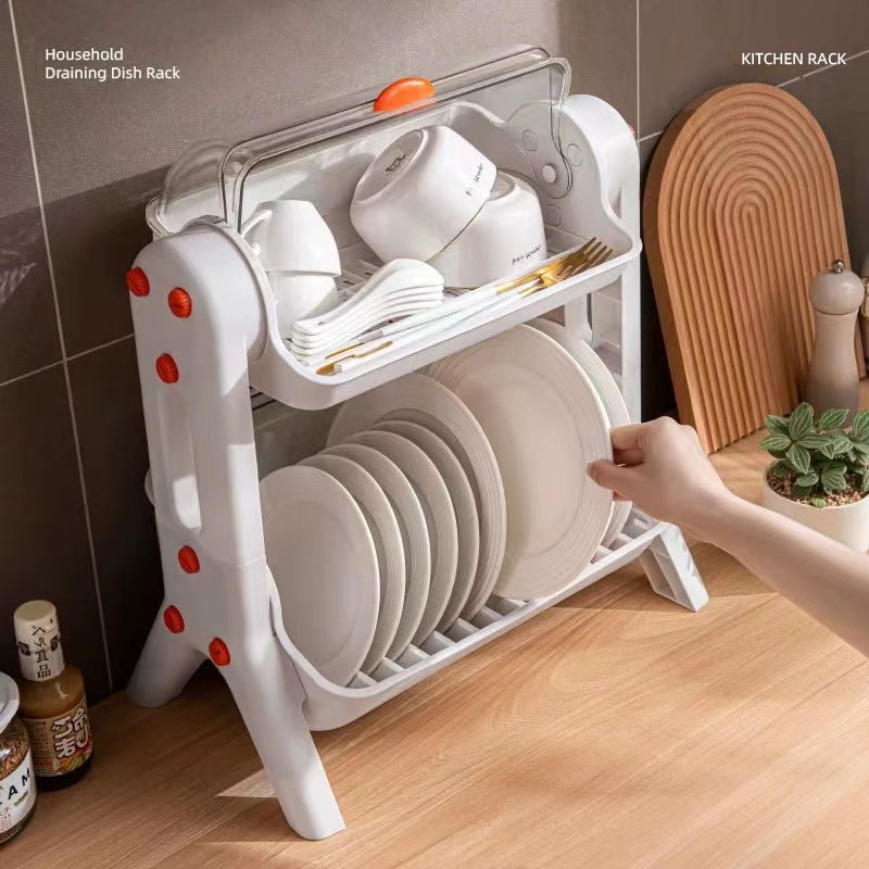 Household tiered kitchen double cupboard chopsticks storage box plastic with lid for dish tray draining bowl rack shelf