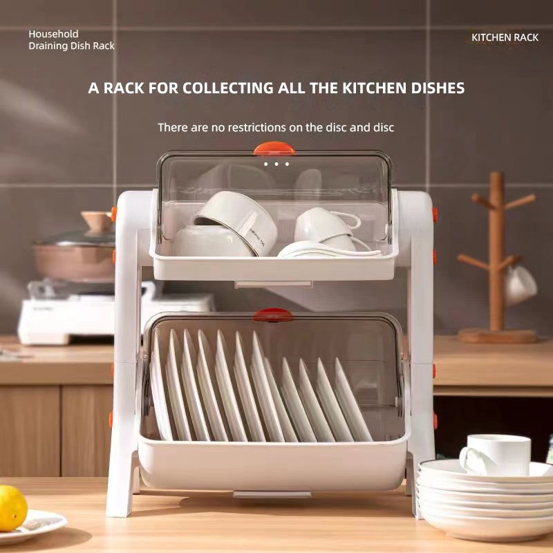 Household tiered kitchen double cupboard chopsticks storage box plastic with lid for dish tray draining bowl rack shelf
