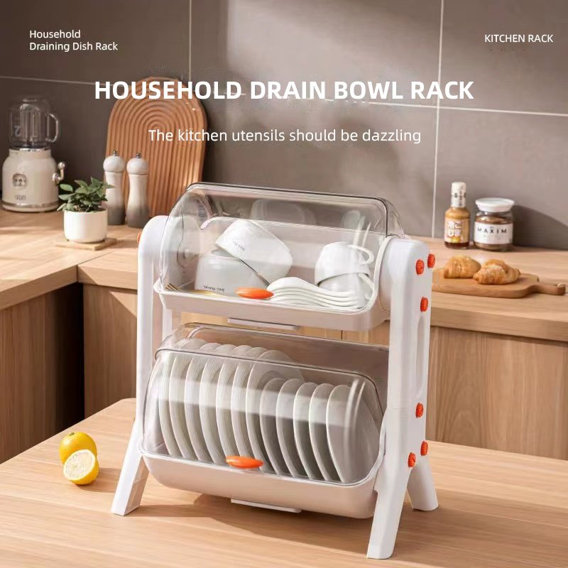 Household tiered kitchen double cupboard chopsticks storage box plastic with lid for dish tray draining bowl rack shelf