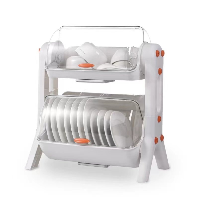 Household tiered kitchen double cupboard chopsticks storage box plastic with lid for dish tray draining bowl rack shelf