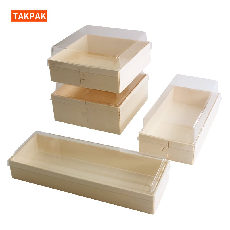 Disposable Wooden Puff Packaging Box Dessert Box With Transparent Lid