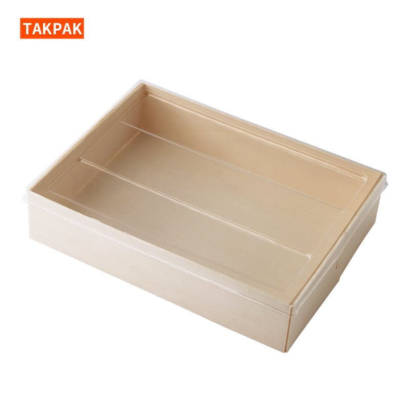 Disposable Wooden Puff Packaging Box Dessert Box With Transparent Lid
