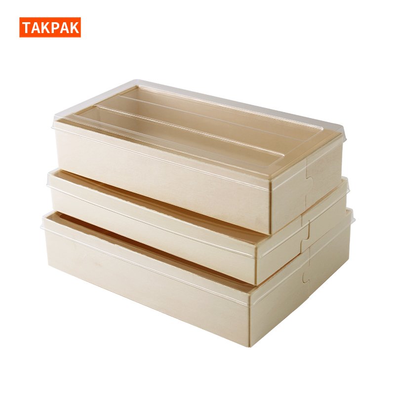 Disposable Wooden Puff Packaging Box Dessert Box With Transparent Lid