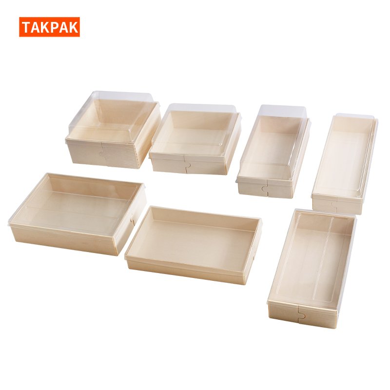 Disposable Wooden Puff Packaging Box Dessert Box With Transparent Lid