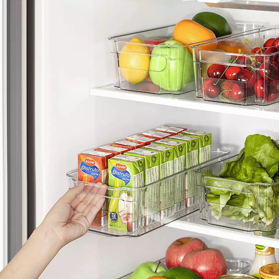 Clear Food Safe Container Stackable Acrylic Rectangle Fridge Storage Bin Organizers Refrigerator Organiser Set