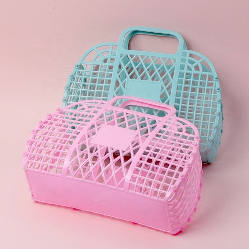 Laundry Basket Mesh Hollow Handbag Summer Women Plastic Bath Basket Washing Storage Basket Home Organizer Jelly Beach Tote Bag