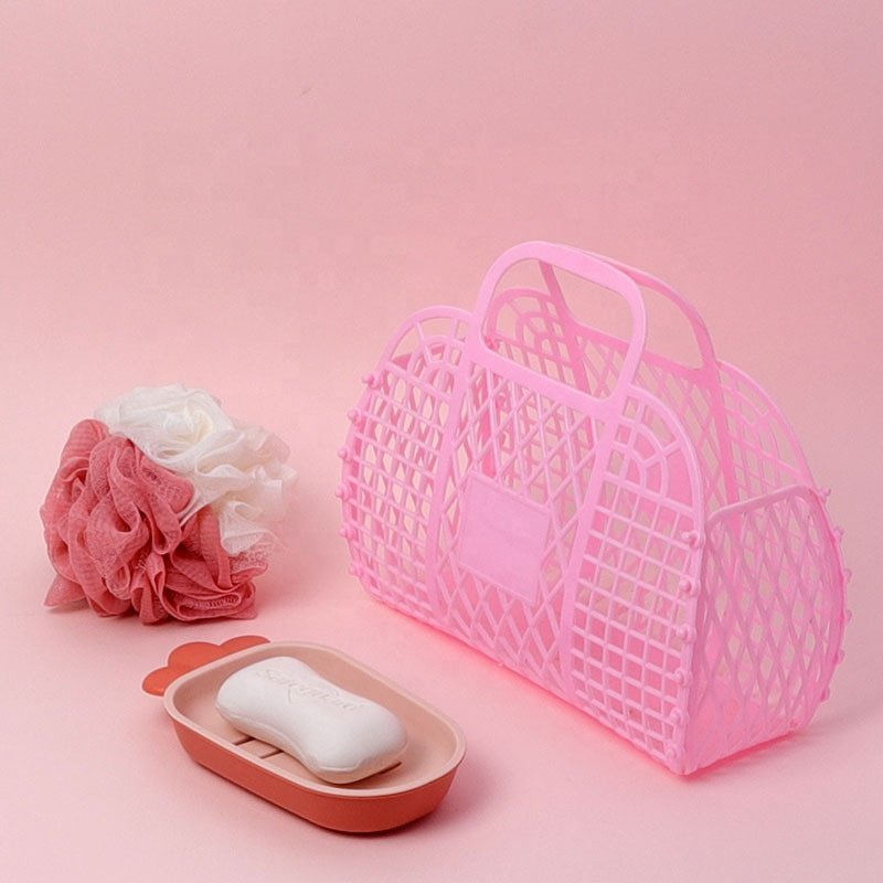 Laundry Basket Mesh Hollow Handbag Summer Women Plastic Bath Basket Washing Storage Basket Home Organizer Jelly Beach Tote Bag