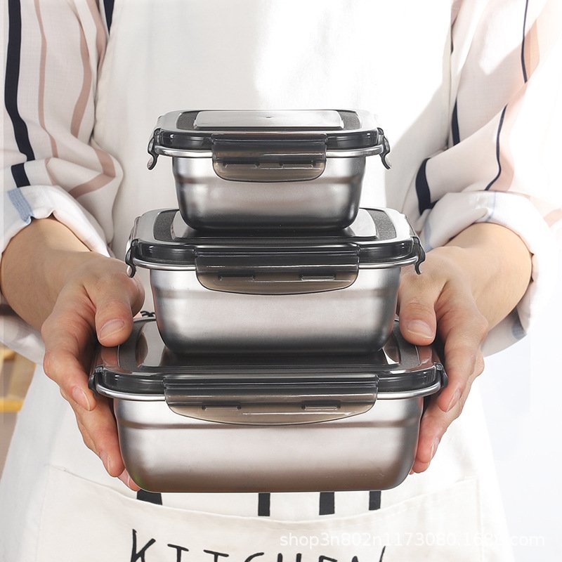 high quality 3 pieces set stainless steel 304 storage box with silicone seal stackable organizing boxes food fridge organizer