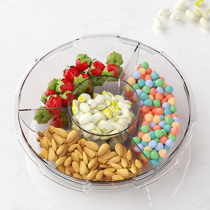 Clear Food Serving Tray Snack Sealed Storage Box With Lid Press Vacuum Fruit Container Nut Candy Storage Box with 4 Compartments