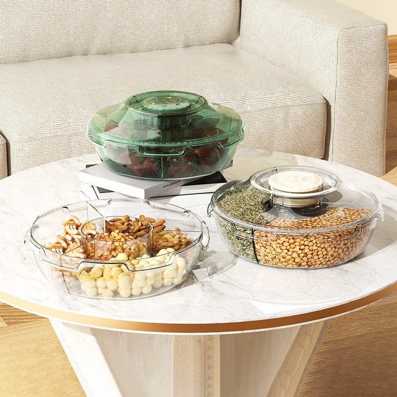 Clear Food Serving Tray Snack Sealed Storage Box With Lid Press Vacuum Fruit Container Nut Candy Storage Box with 4 Compartments