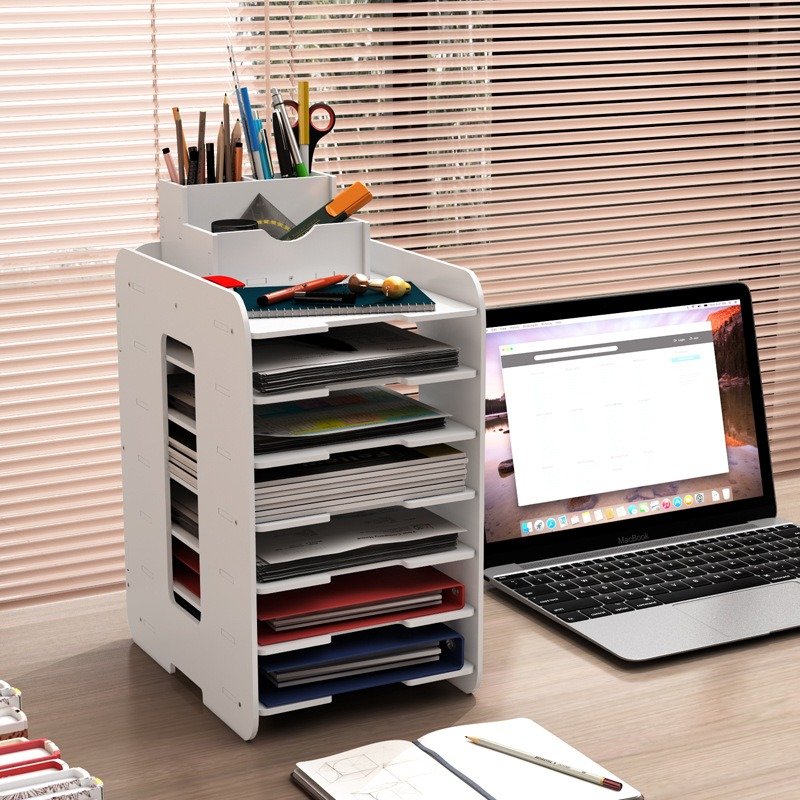 Multi-Layer A4 Paper Organizing Desktop Storage Rack Folder and Data Bookshelf with Storage Box Office Artifact