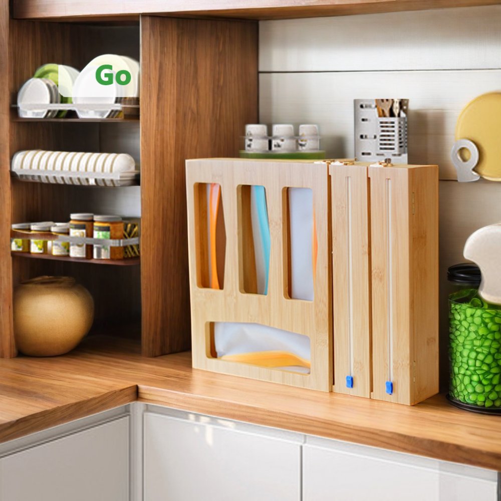 SOPEWOD 9 in 1 Bamboo Foil and Plastic Wrap Organizer for Kitchen Drawer, Plastic Bag Organizer Organization and Storage