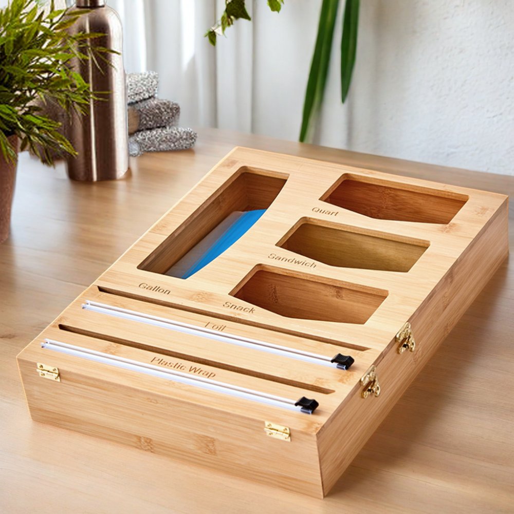 SOPEWOD 9 in 1 Bamboo Foil and Plastic Wrap Organizer for Kitchen Drawer, Plastic Bag Organizer Organization and Storage