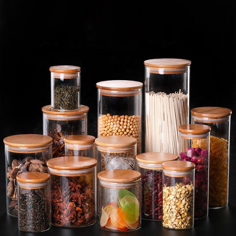 Round Airtight tea coffee sugar Glass Jar Kitchen Organizer Storage Bottles Sealed Glass Food Storage Jars with Bamboo Lids
