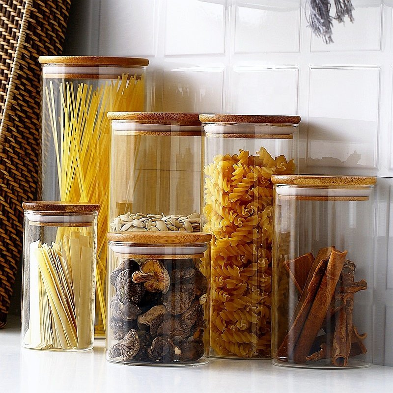 Round Airtight tea coffee sugar Glass Jar Kitchen Organizer Storage Bottles Sealed Glass Food Storage Jars with Bamboo Lids