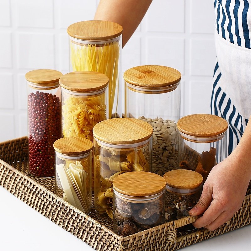 Round Airtight tea coffee sugar Glass Jar Kitchen Organizer Storage Bottles Sealed Glass Food Storage Jars with Bamboo Lids