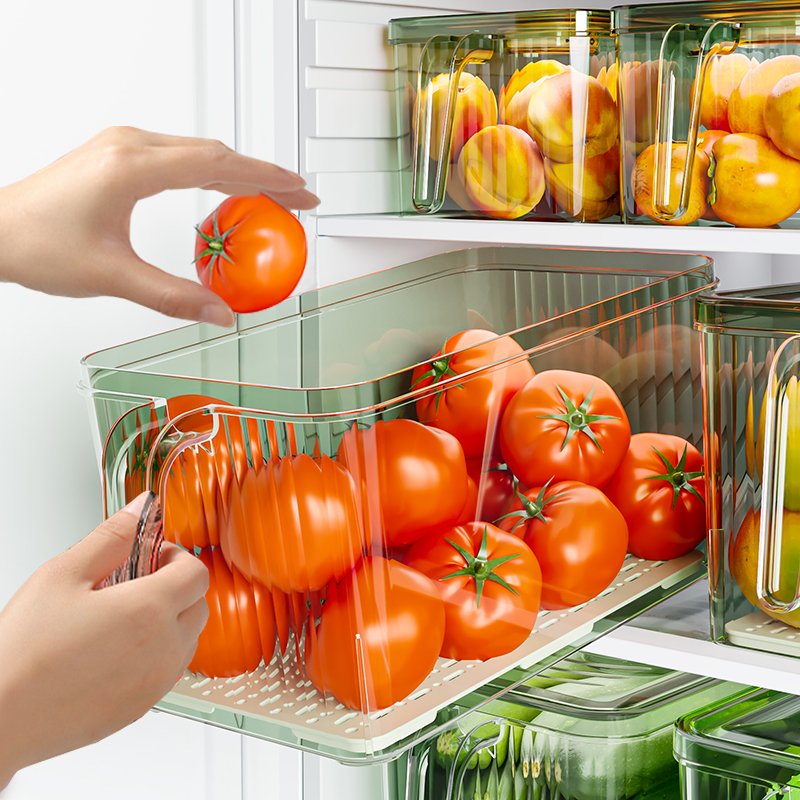 PET Material Refrigerator Food Storage Box Transparent Kitchen Fridge Food Organizer with Handle