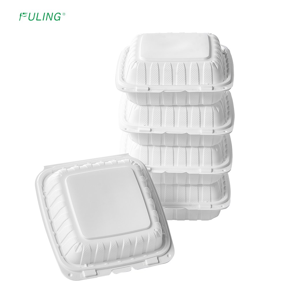 FULING 8X8'' 3-Compartment White Biodegradable Clamshell To Go Containers Plastic Takeout Packaging Food Containers
