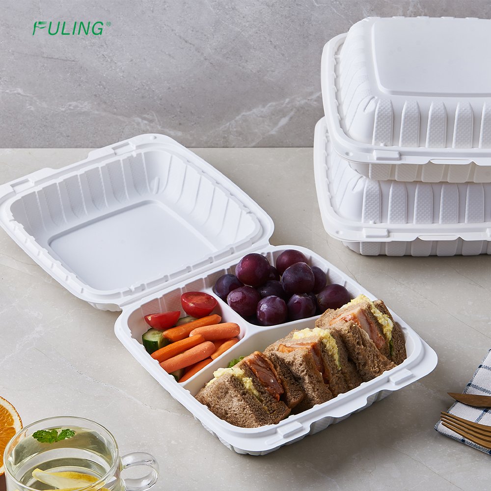 FULING 8X8'' 3-Compartment White Biodegradable Clamshell To Go Containers Plastic Takeout Packaging Food Containers