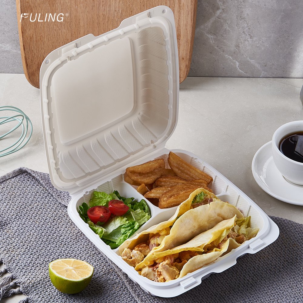 FULING 8X8'' 3-Compartment White Biodegradable Clamshell To Go Containers Plastic Takeout Packaging Food Containers