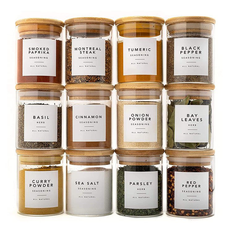 High Airtight Kitchen Food Storage Container Glass Spice Jar with Bamboo Lids and Spoon