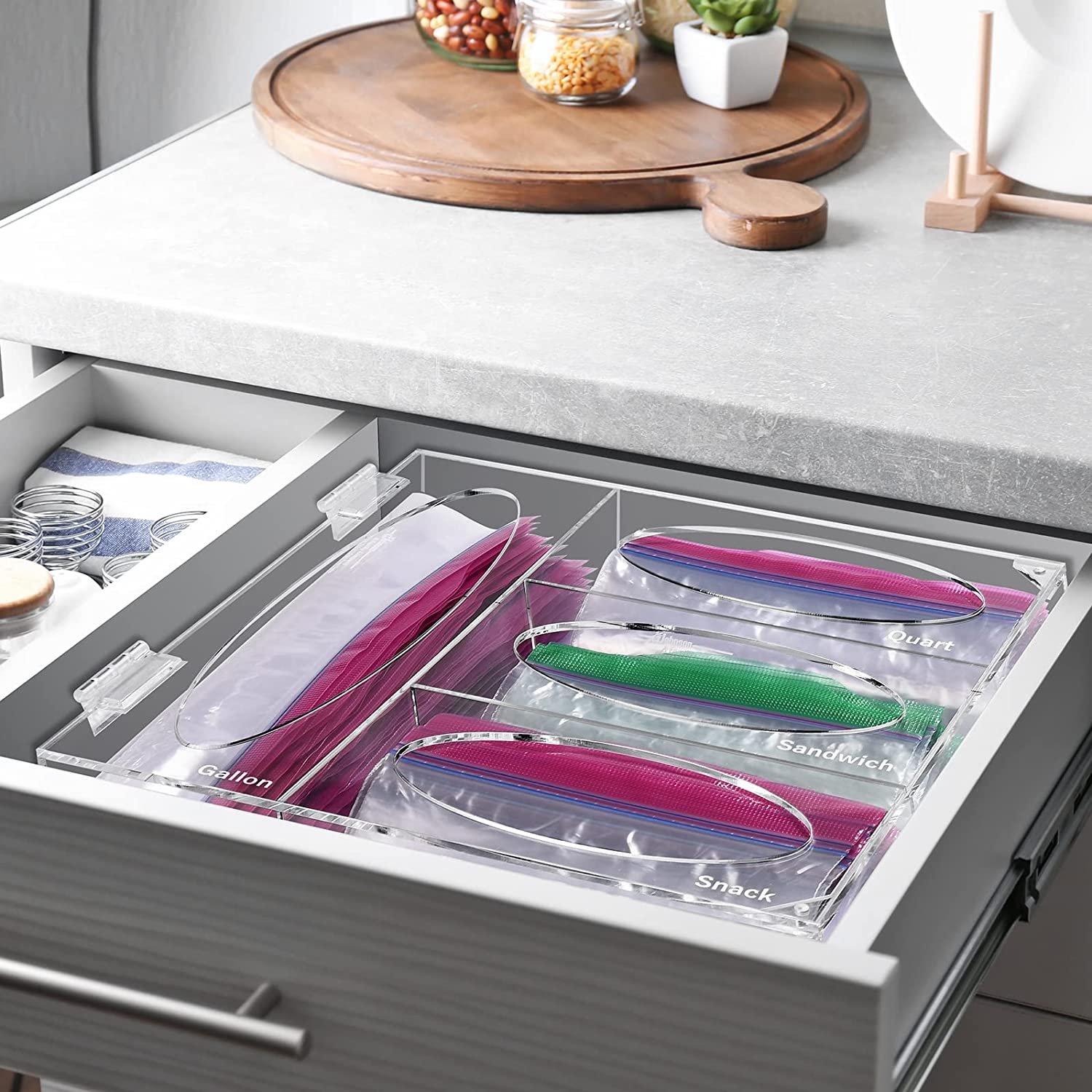 Wholesale Hot Selling Acrylic Baggie Organizer Plastic Bag Dispenser Holder Ziplock Bag Storage Organizer for Kitchen Drawer