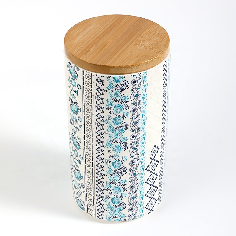 Custom Food Grade Vintage Embossed Blue Floral Decal Printing Shinny Porcelain Food Jar Bamboo Lid Ceramic Food Storage Canister