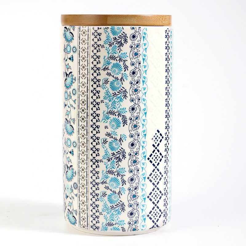 Custom Food Grade Vintage Embossed Blue Floral Decal Printing Shinny Porcelain Food Jar Bamboo Lid Ceramic Food Storage Canister