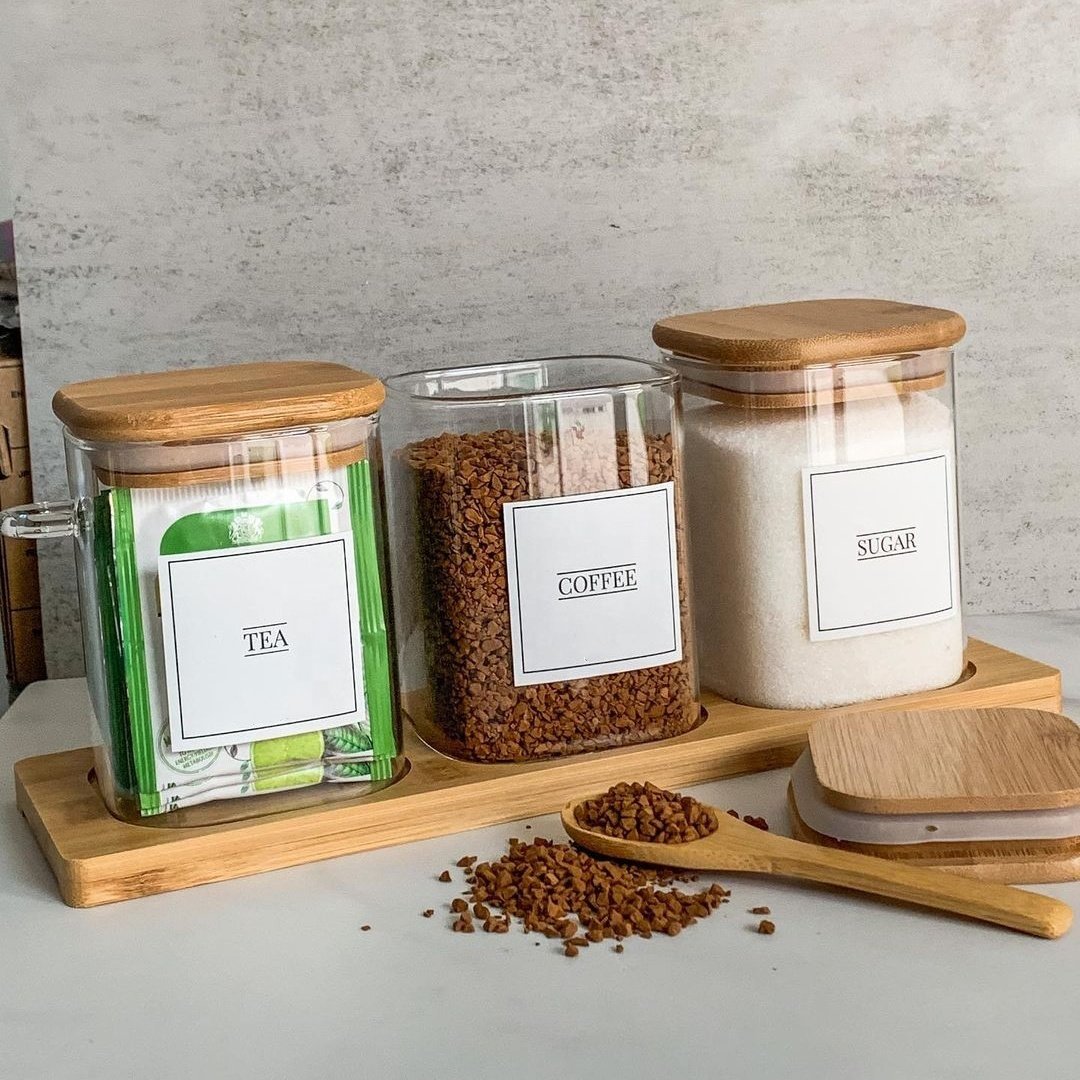 Modern Design Glass Kitchen Canisters Food Storage Jars with Bamboo Wooden Lids Cover Condiments Container Set Sugar Coffee Tea