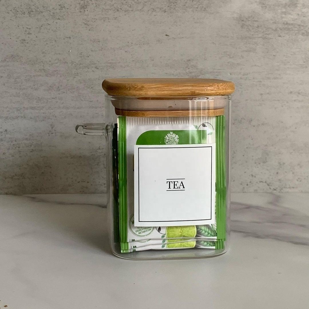 Modern Design Glass Kitchen Canisters Food Storage Jars with Bamboo Wooden Lids Cover Condiments Container Set Sugar Coffee Tea