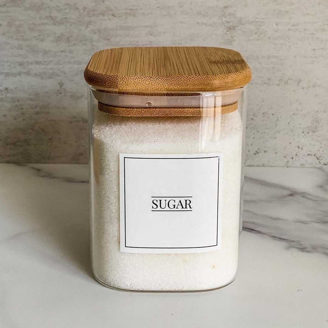 Modern Design Glass Kitchen Canisters Food Storage Jars with Bamboo Wooden Lids Cover Condiments Container Set Sugar Coffee Tea