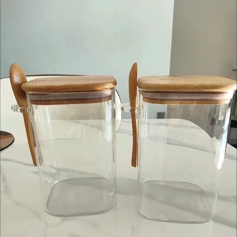 Modern Design Glass Kitchen Canisters Food Storage Jars with Bamboo Wooden Lids Cover Condiments Container Set Sugar Coffee Tea