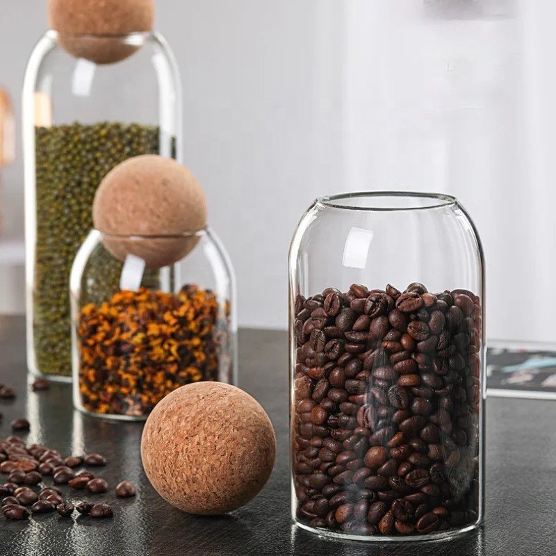 Morden Style Eco-Friendly Clear Glass Canister Food Storage Jar with Bamboo Lid Cork Ball Top Seller Kitchen Accessories