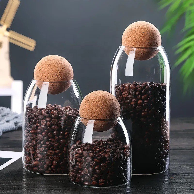 Morden Style Eco-Friendly Clear Glass Canister Food Storage Jar with Bamboo Lid Cork Ball Top Seller Kitchen Accessories